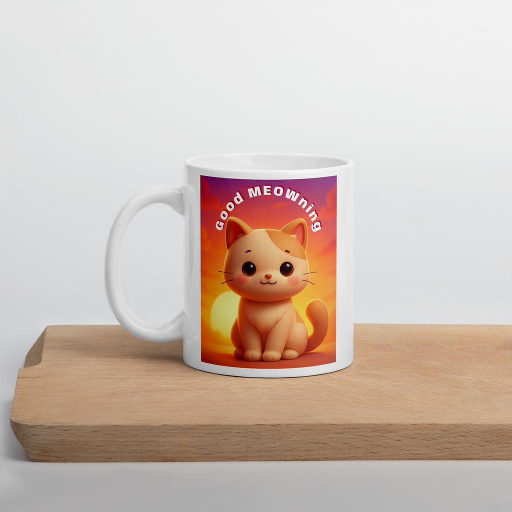 White glossy mug (Good MEOWning Cat)