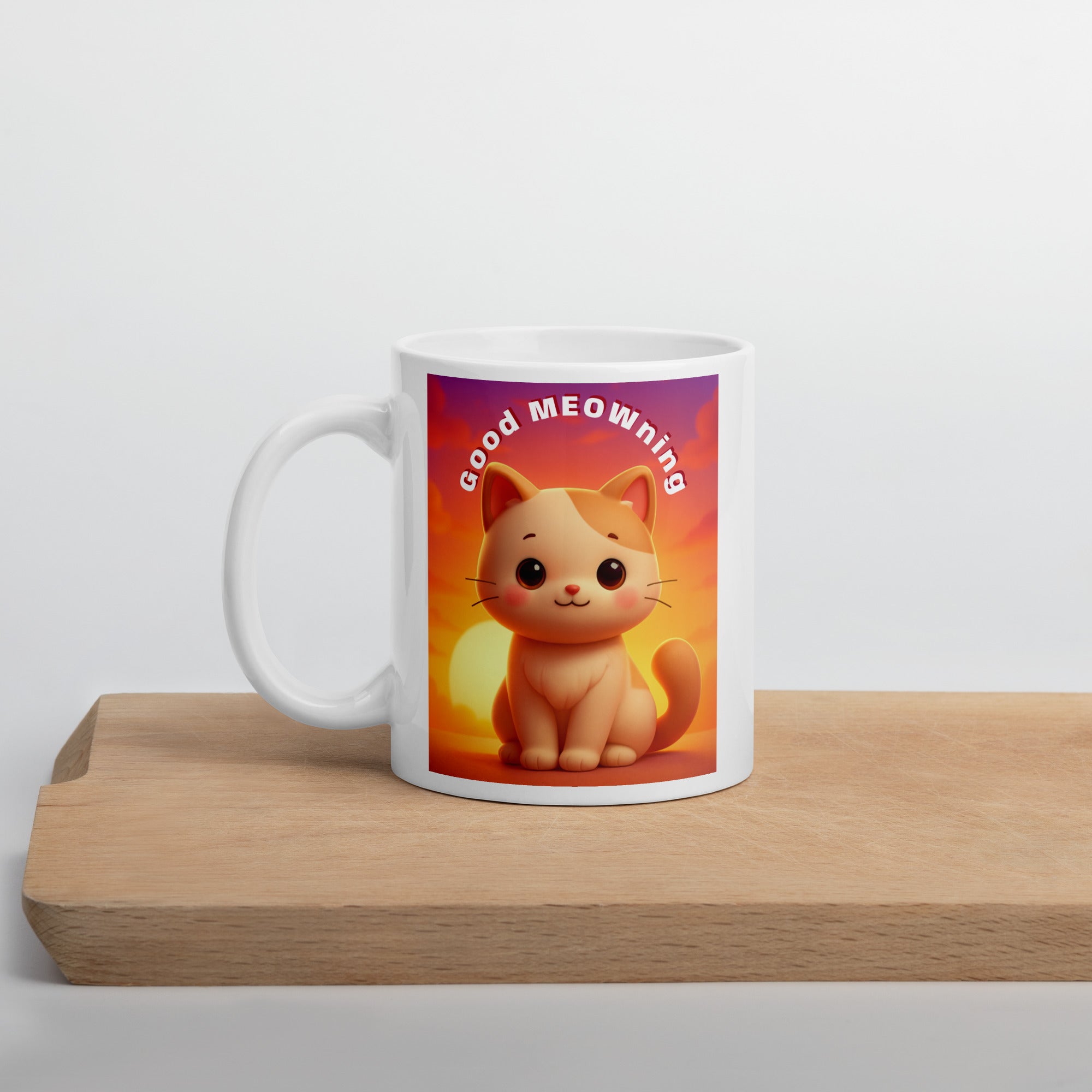 White glossy mug (Good MEOWning Cat)