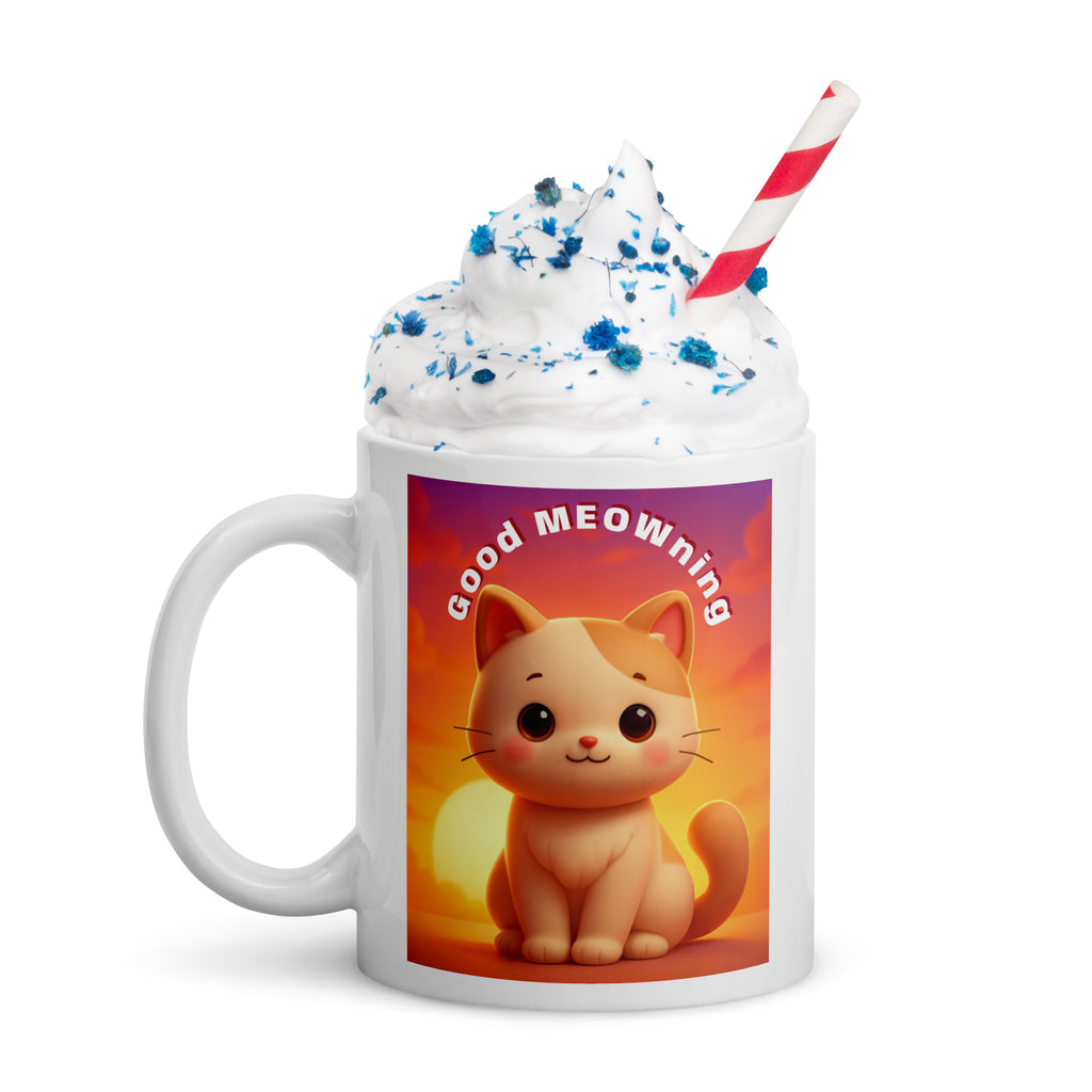 White glossy mug (Good MEOWning Cat)