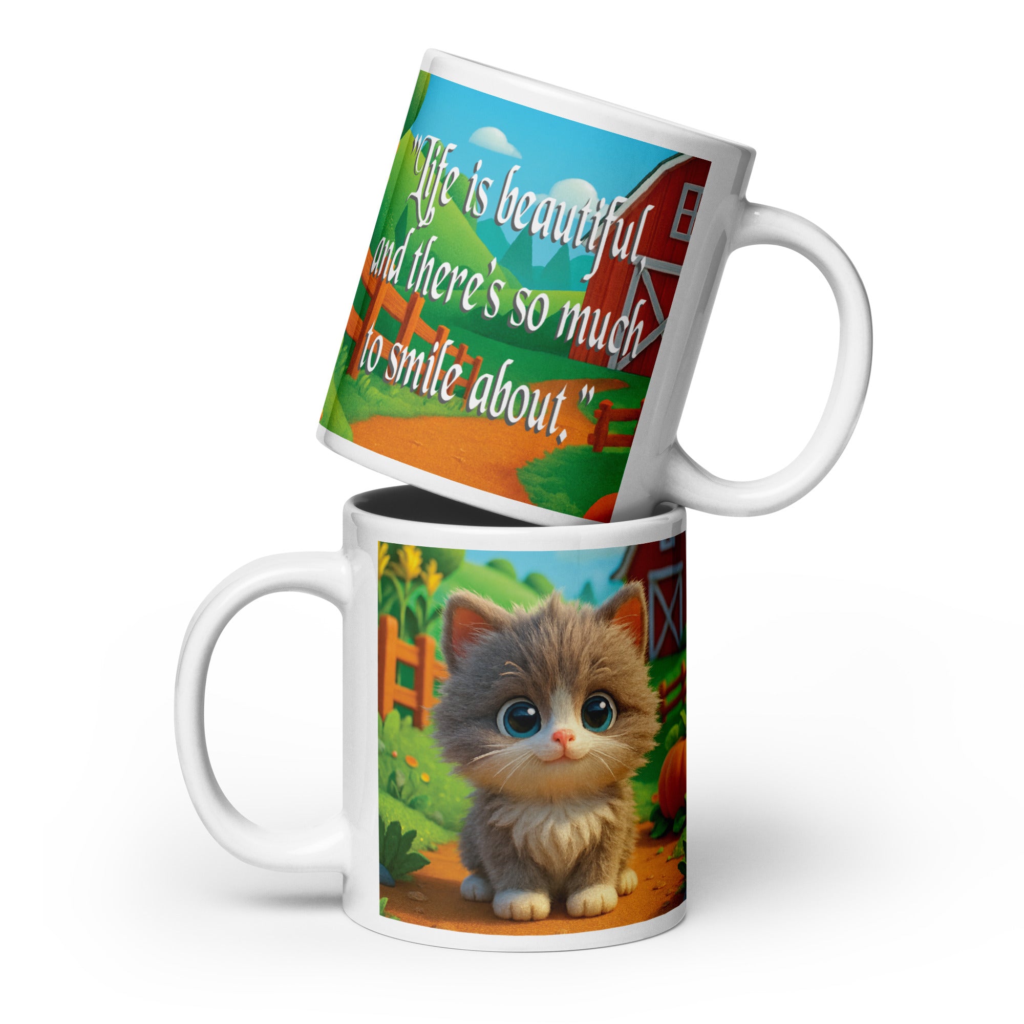 White glossy mug (Cute Kitten in a farm with inspiring quote)