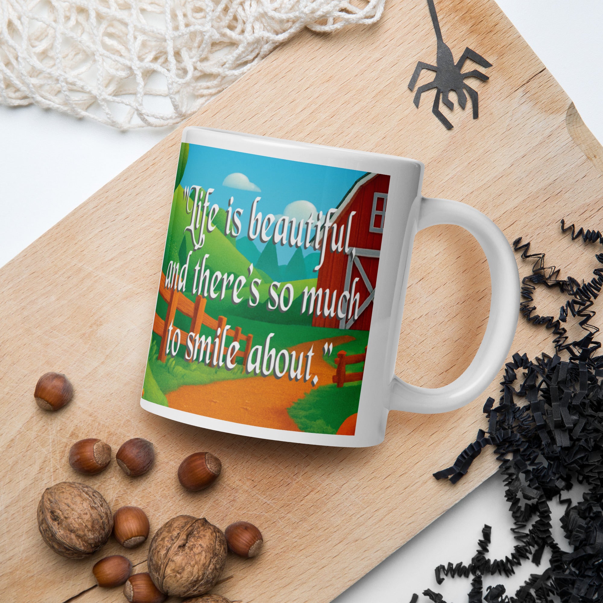 White glossy mug (Cute Kitten in a farm with inspiring quote)