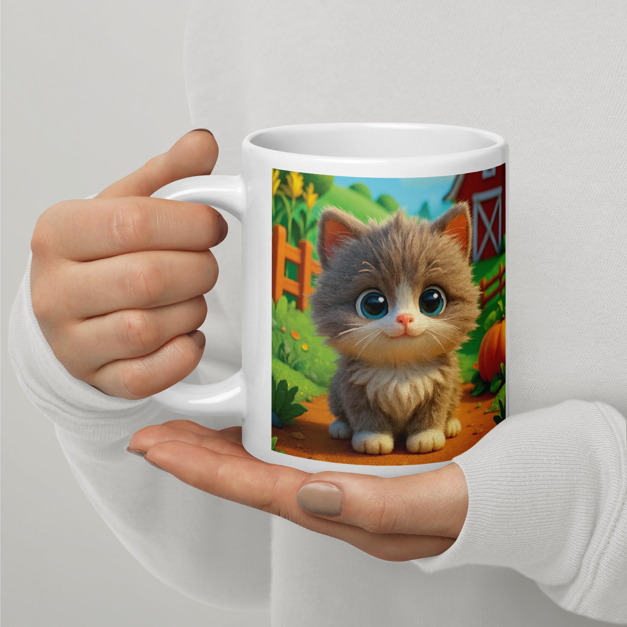 White glossy mug (Cute Kitten in a farm with inspiring quote)