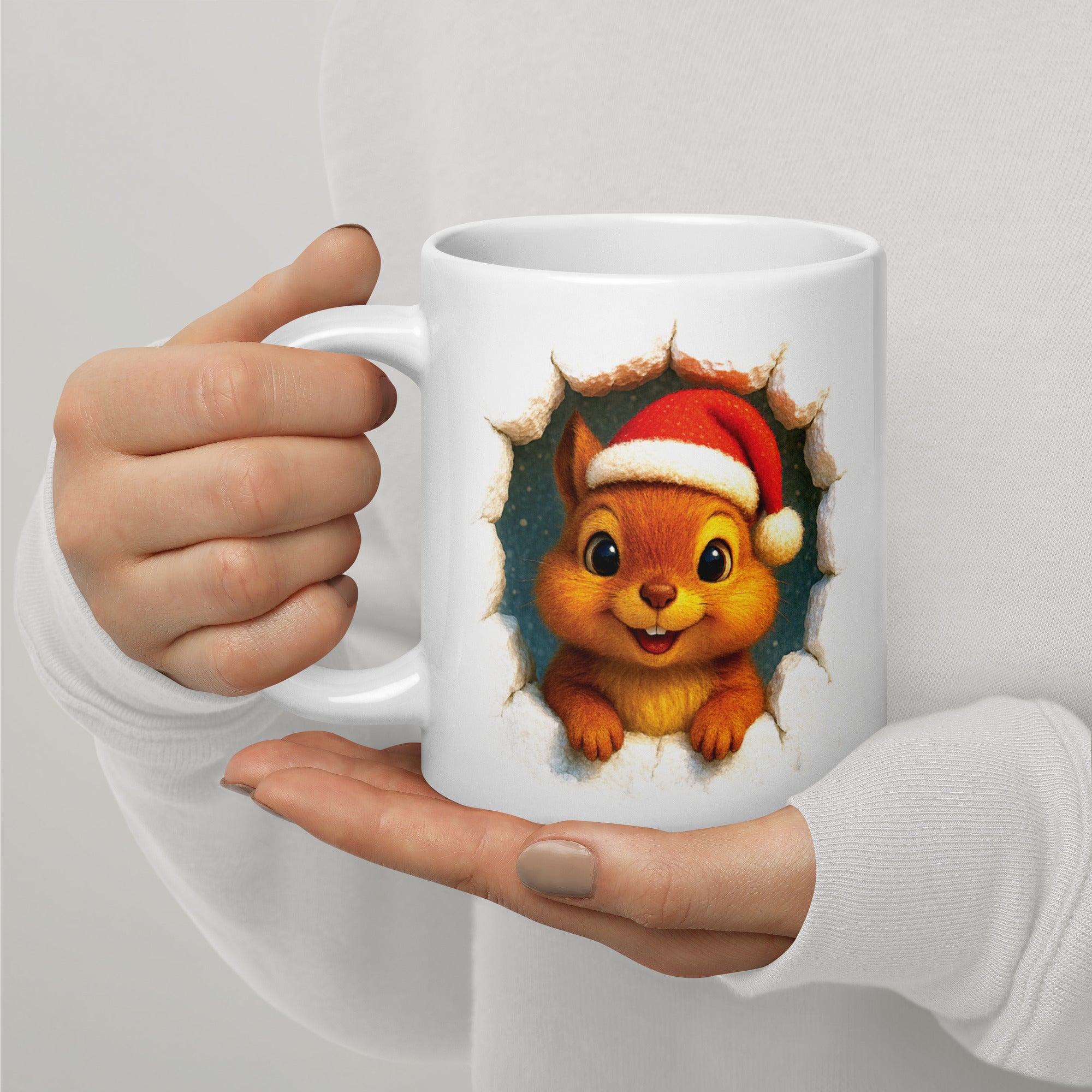 White glossy mug (Santa Squirrel / Happy Holidays)